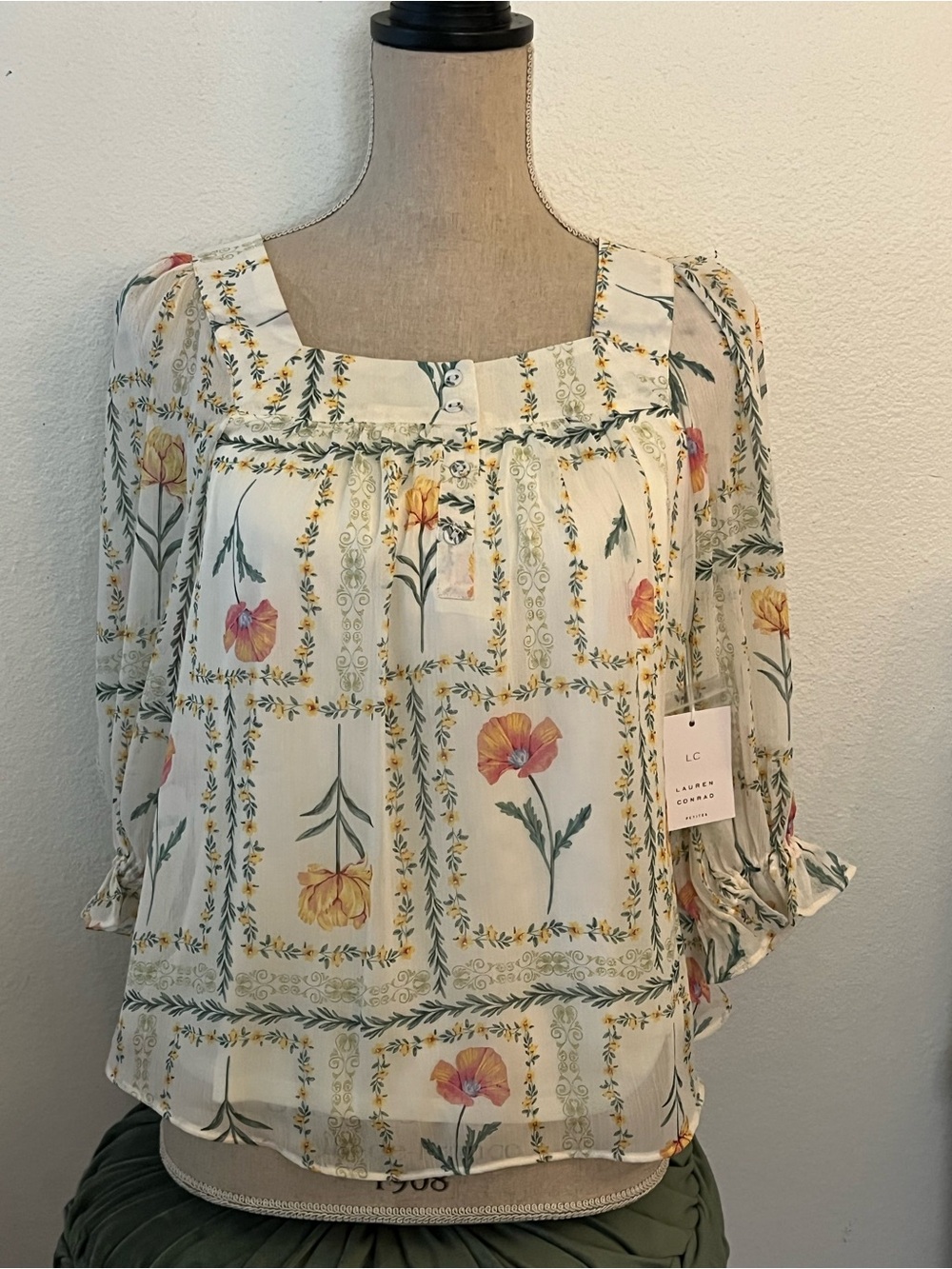 LC Lauren Conrad Cream Floral Square-Neck Peasant Blouse